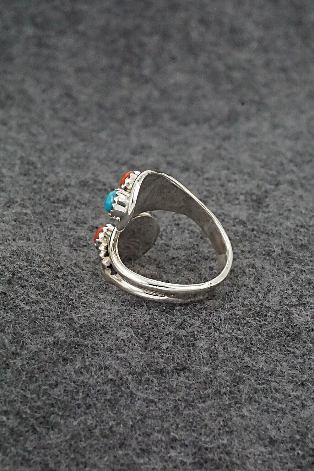 Turquoise, Coral & Sterling Silver Ring - Genevieve Francisco - Size 7