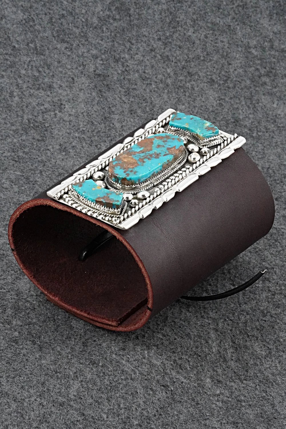 Turquoise, Sterling Silver & Leather Bracelet - Griffin Tsabetsaye Jr.