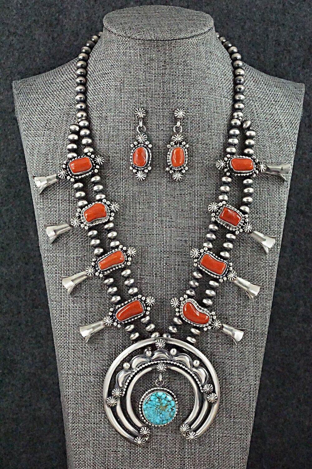 Turquoise, Coral & Sterling Silver Squash Blossom Set - Tom Lewis