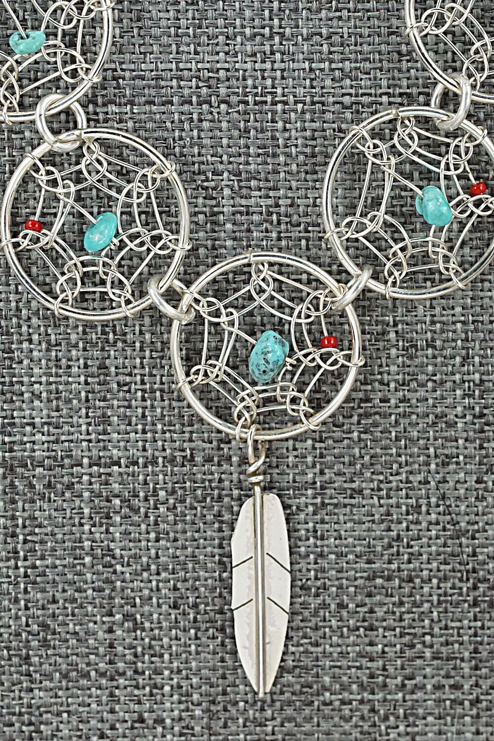Turquoise, Coral & Sterling Silver Necklace - Lorenzo Arviso Jr.