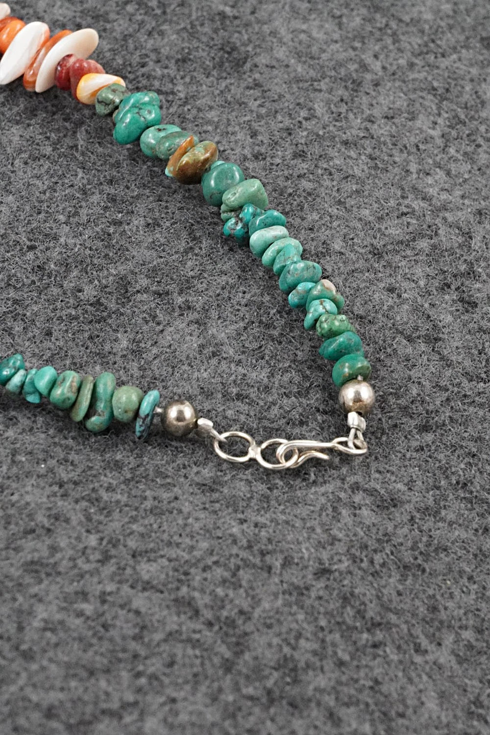 Turquoise, Spiny Oyster & Sterling Silver Necklace 17" - Doreen Jake