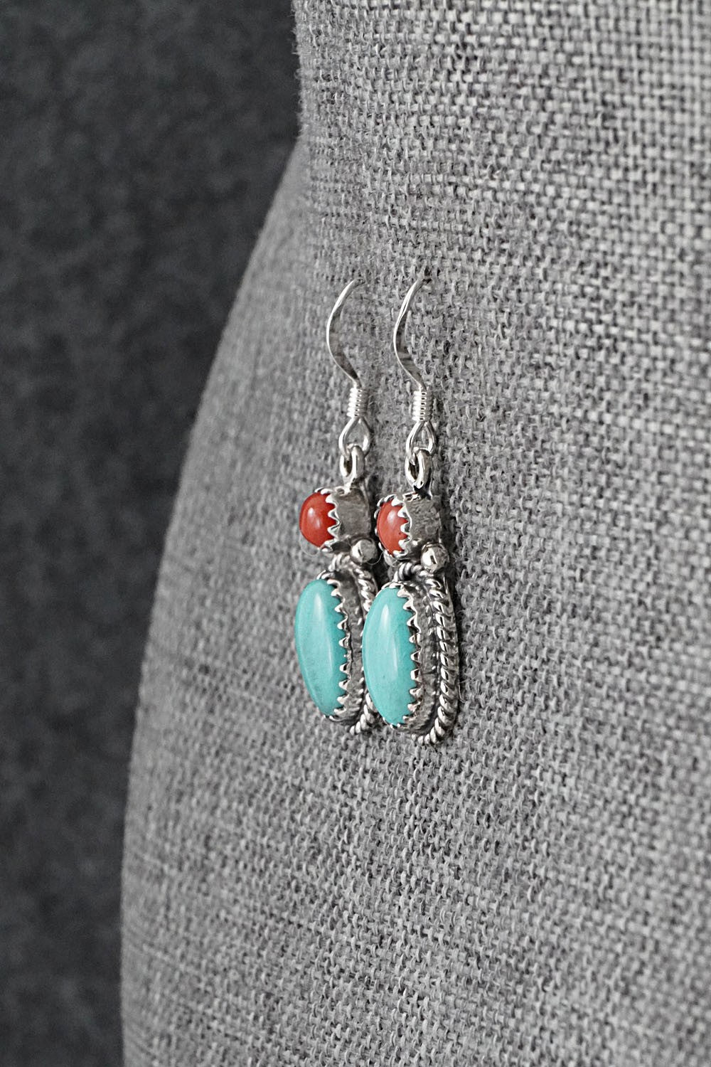 Turquoise, Coral & Sterling Silver Earrings - Verley Betone