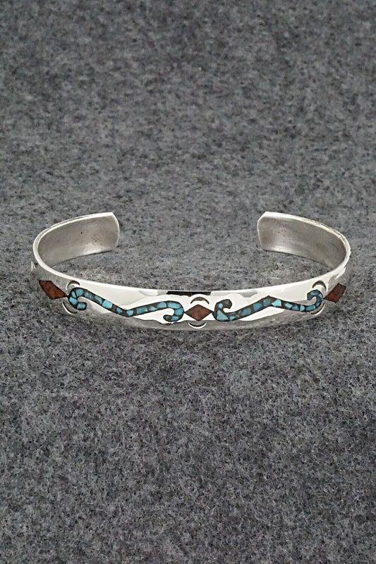 Turquoise, Coral Chip Inlay & Sterling Silver Bracelet - Joleen Yazzie