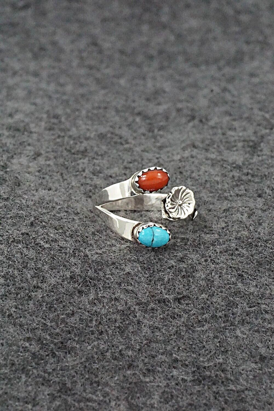 Turquoise, Coral & Sterling Silver Ring - Robert Martinez - Size 6