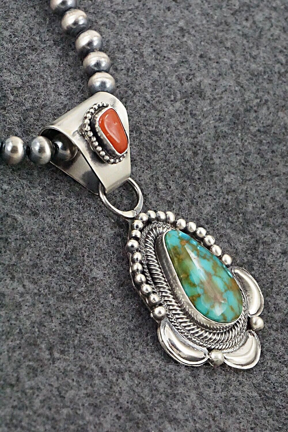 Turquoise, Coral & Sterling Silver Necklace - Tom Lewis