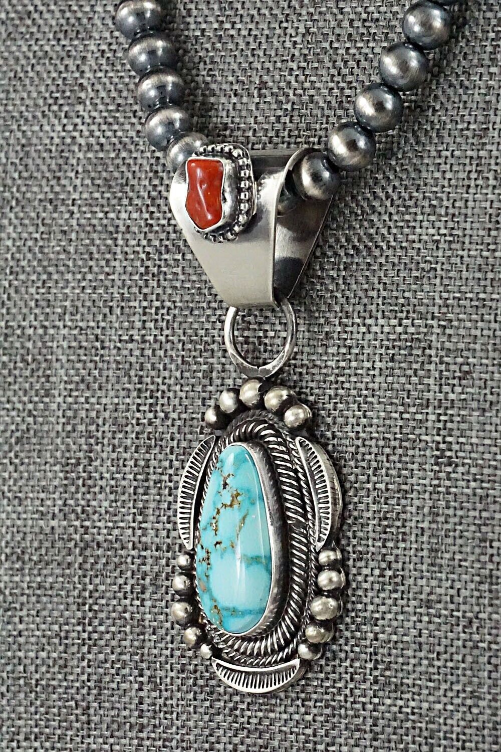 Turquoise, Coral & Sterling Silver Necklace - Tom Lewis