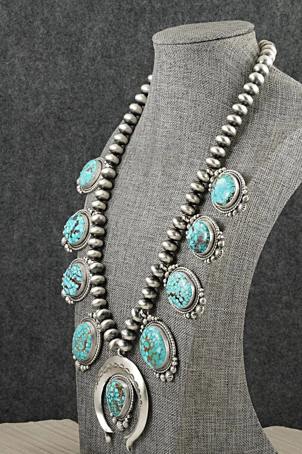 Turquoise & Sterling Silver Squash Blossom Necklace - Tom Lewis