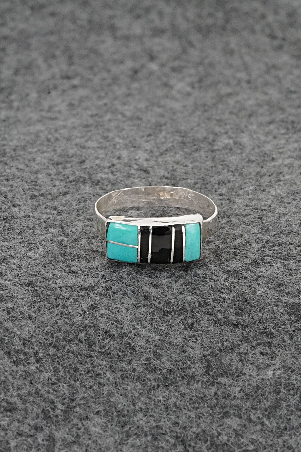 Turquoise, Onyx & Sterling Silver Inlay Ring - Ola Eriacho - Size 8