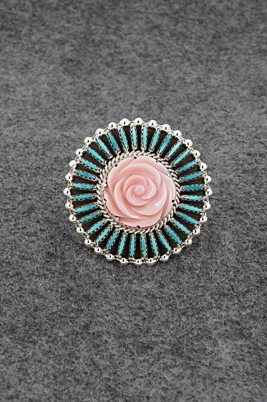 Turquoise, Pink Conch & Sterling Silver Ring - Roland Francisco - Size Adj.