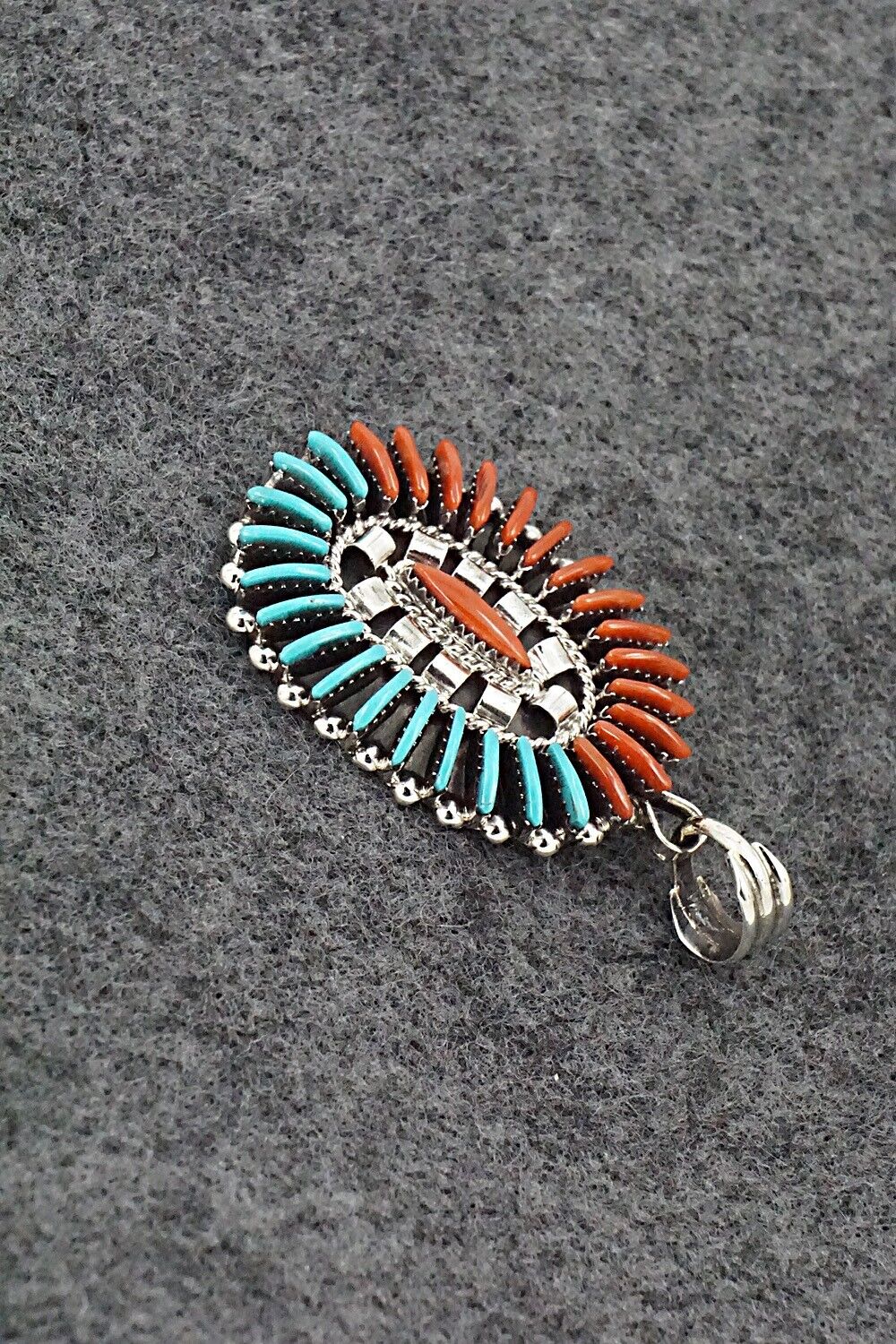 Turquoise, Coral & Sterling Silver Pendant - Edmund Cooeyate