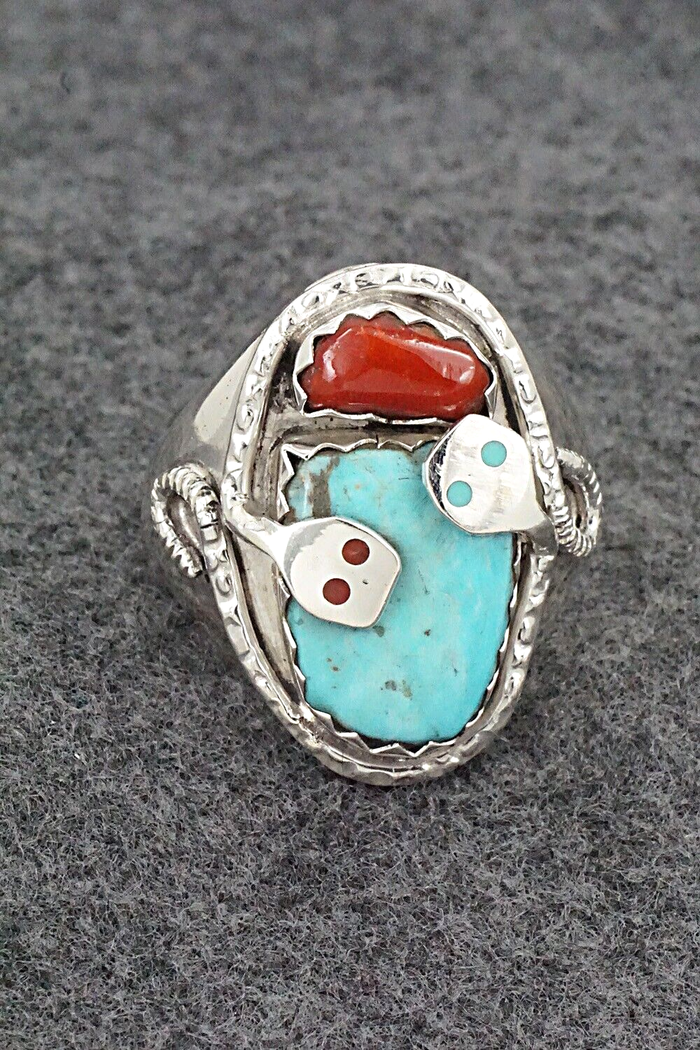 Turquoise, Coral & Sterling Silver Ring - Joy Calavaza - Size 12.5