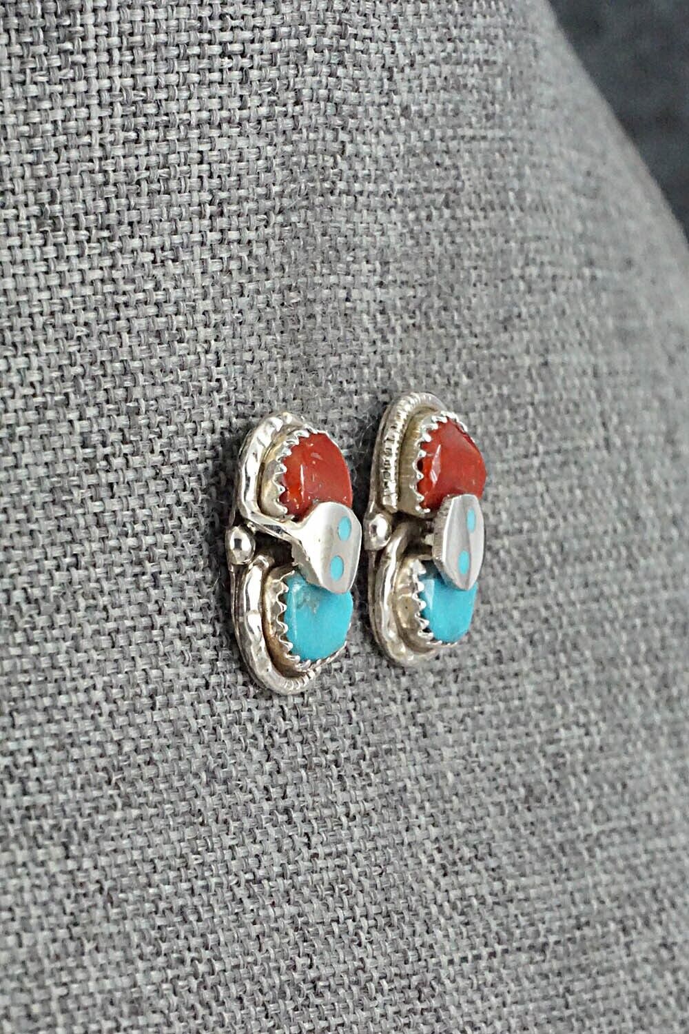 Turquoise, Coral & Sterling Silver Earrings - Joy Calavaza