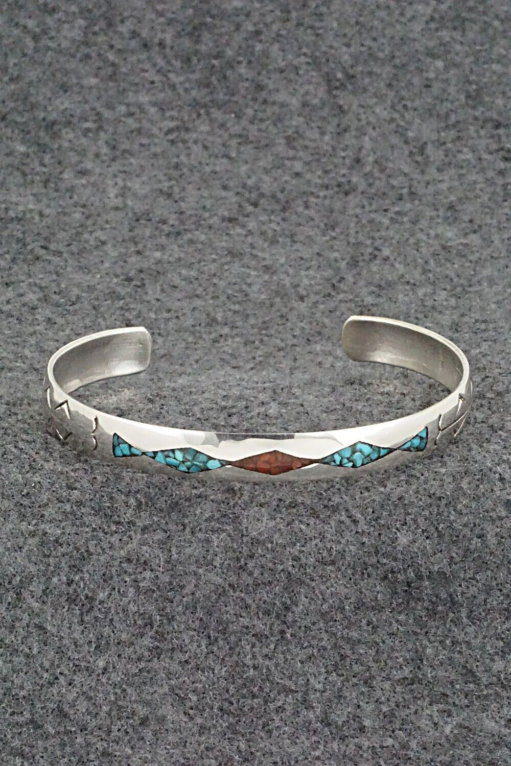 Turquoise, Coral Chip Inlay & Sterling Silver Bracelet - Joleen Yazzie