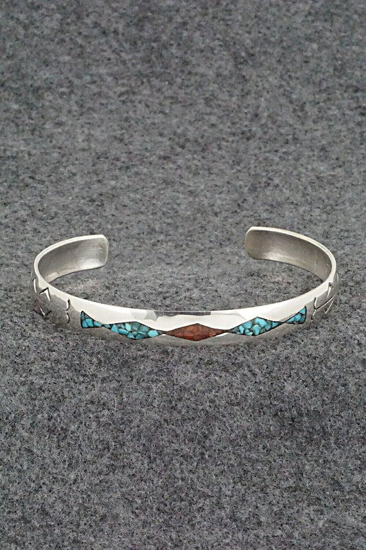 Turquoise, Coral Chip Inlay & Sterling Silver Bracelet - Joleen Yazzie