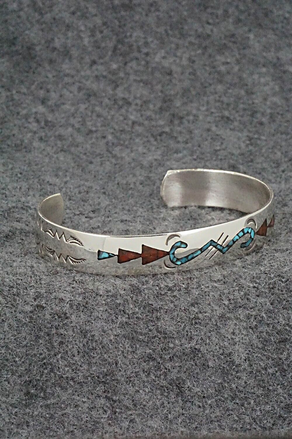 Turquoise, Coral Chip Inlay & Sterling Silver Bracelet - Joleen Yazzie