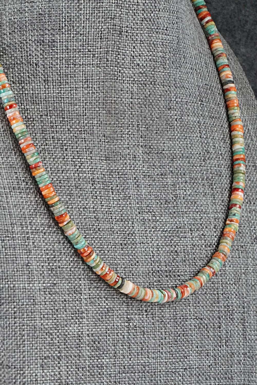 Turquoise, Spiny Oyster & Sterling Silver Necklace 17" - Doreen Jake