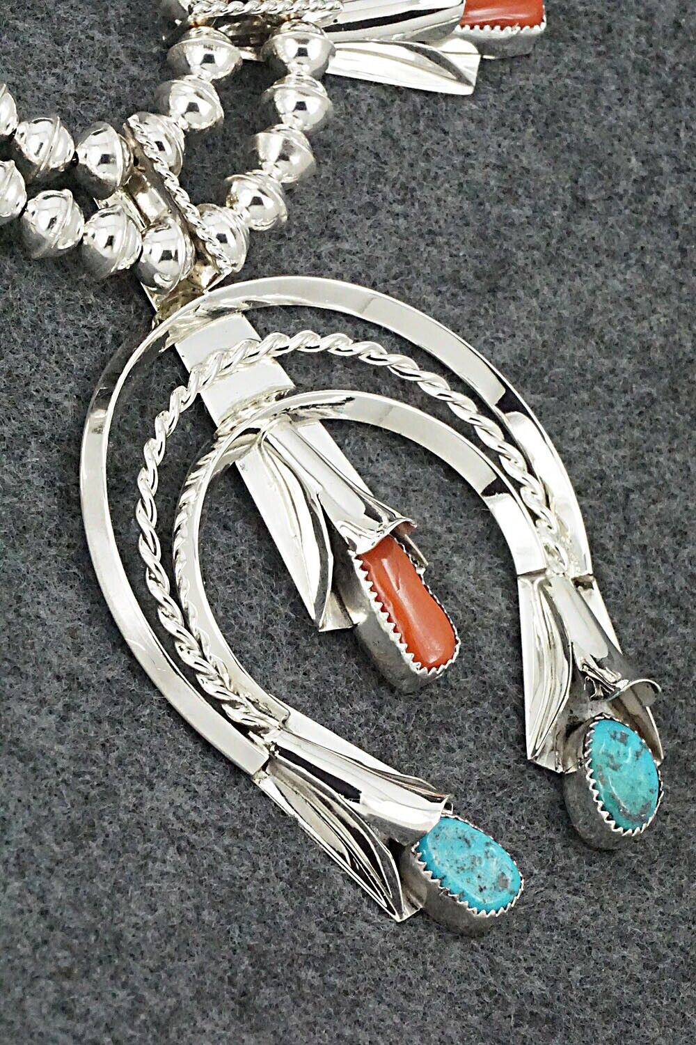 Turquoise, Coral & Sterling Silver Squash Blossom Set - Louise Yazzie
