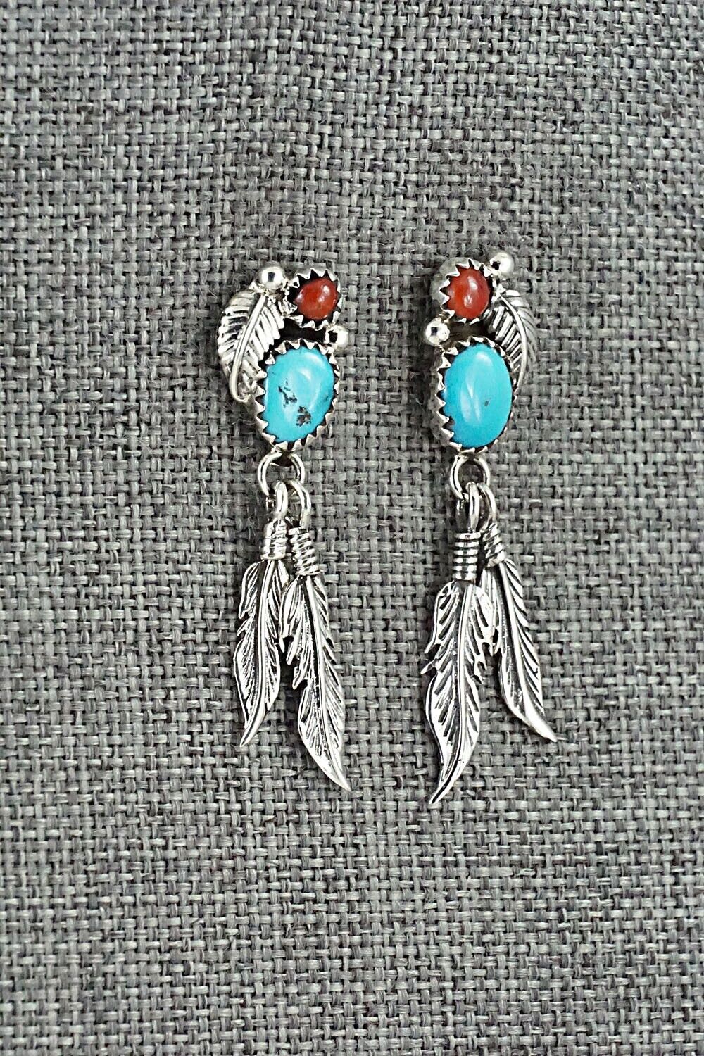 Turquoise, Coral & Sterling Silver Earrings - Marie Jones