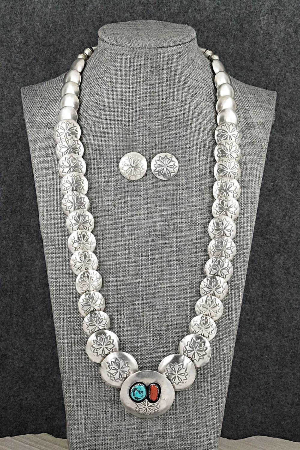 Turquoise, Coral & Sterling Silver Necklace and Earrings Set - Tim Thompson