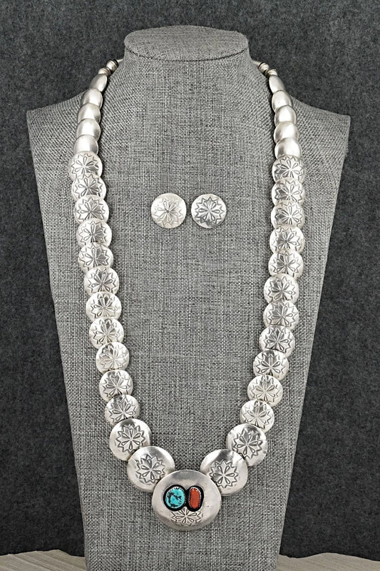Turquoise, Coral & Sterling Silver Necklace and Earrings Set - Tim Thompson