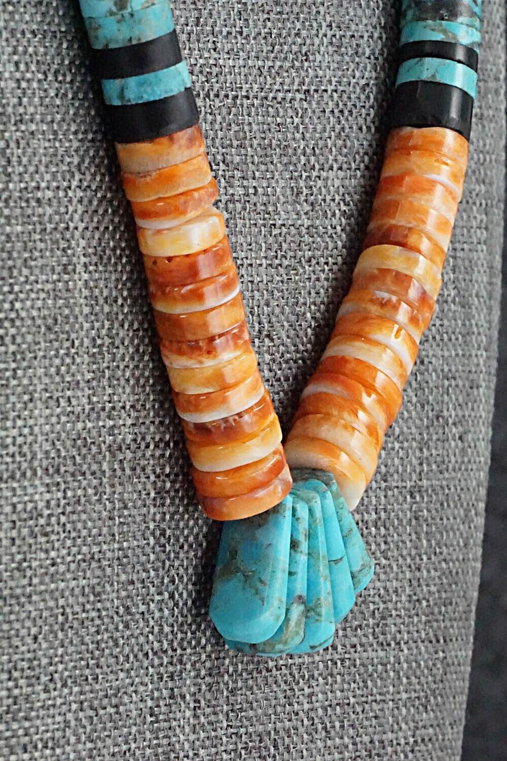 Turquoise, Spiny Oyster, Onyx & Sterling Silver Necklace - Lupe Lovato