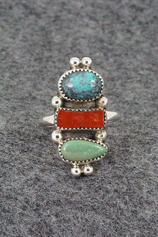 Turquoise, Coral & Sterling Silver Ring - Priscilla Reeder - Size 7.5
