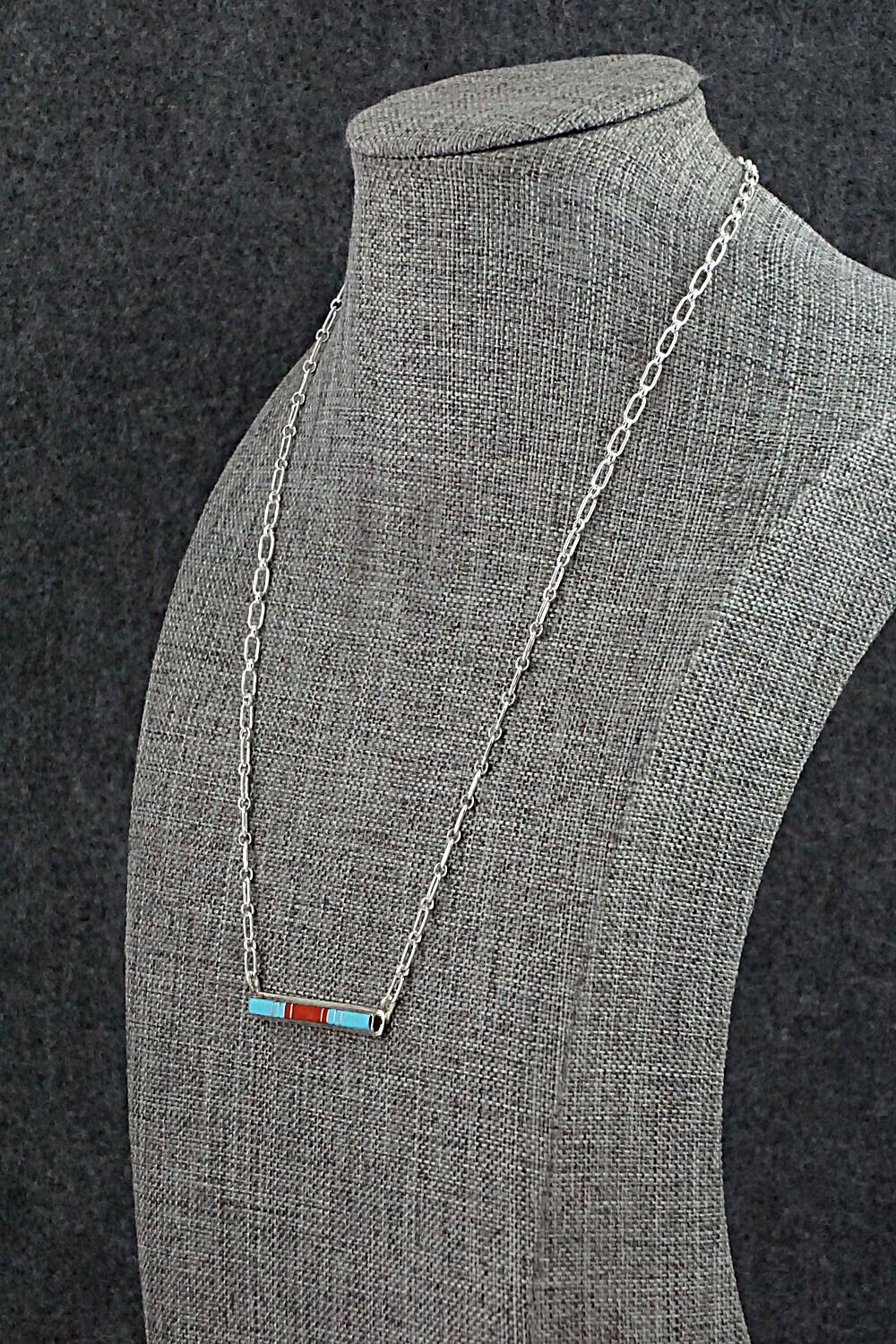 Turquoise, Coral & Sterling Silver Inlay Necklace - Roland Natachu