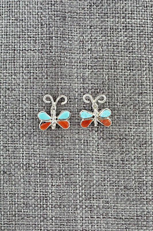 Turquoise, Coral & Sterling Silver Earrings - Francine Chapito