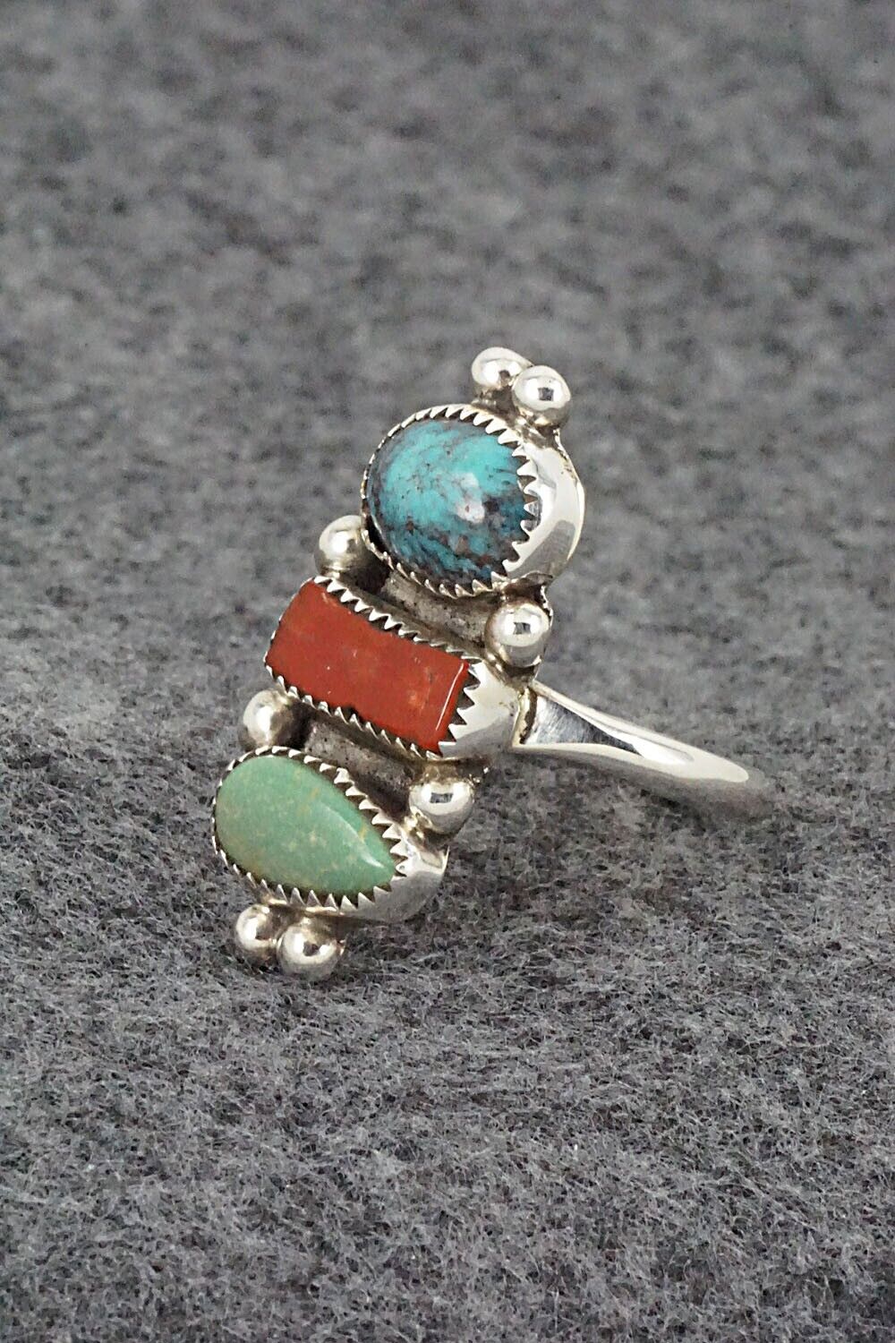 Turquoise, Coral & Sterling Silver Ring - Priscilla Reeder - Size 7.5