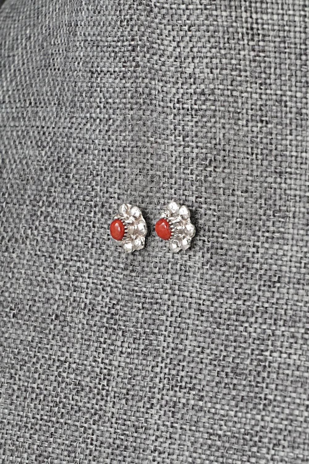 Coral and Sterling Silver Earrings - Ronald Yatsattie