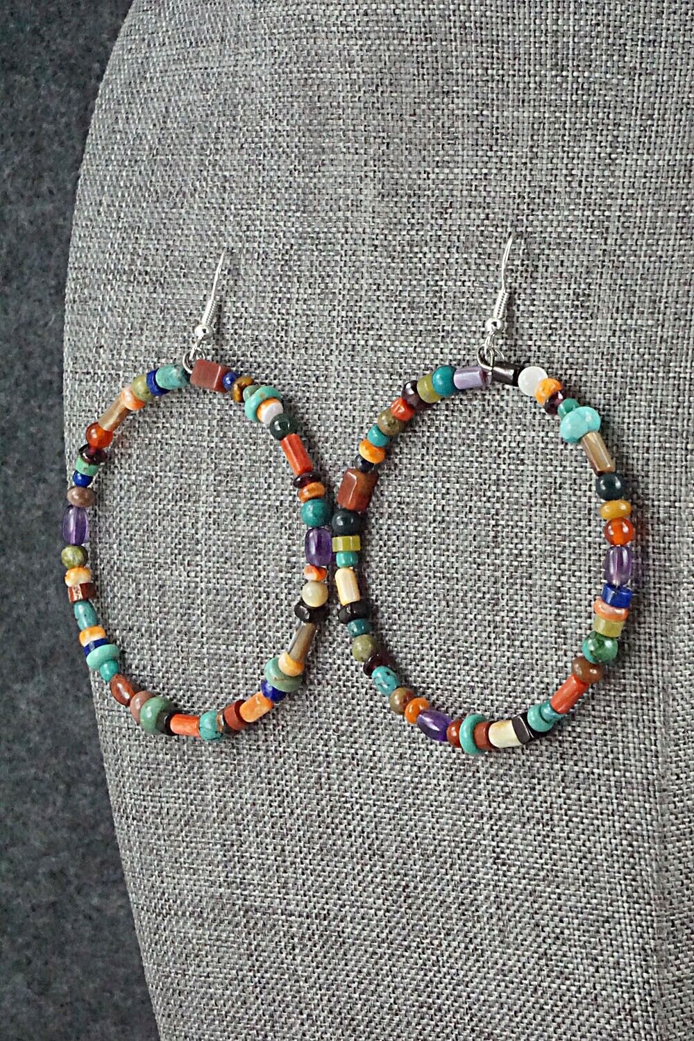 Multi Stone & Sterling Silver Hoop Earrings - Helen Tsosie