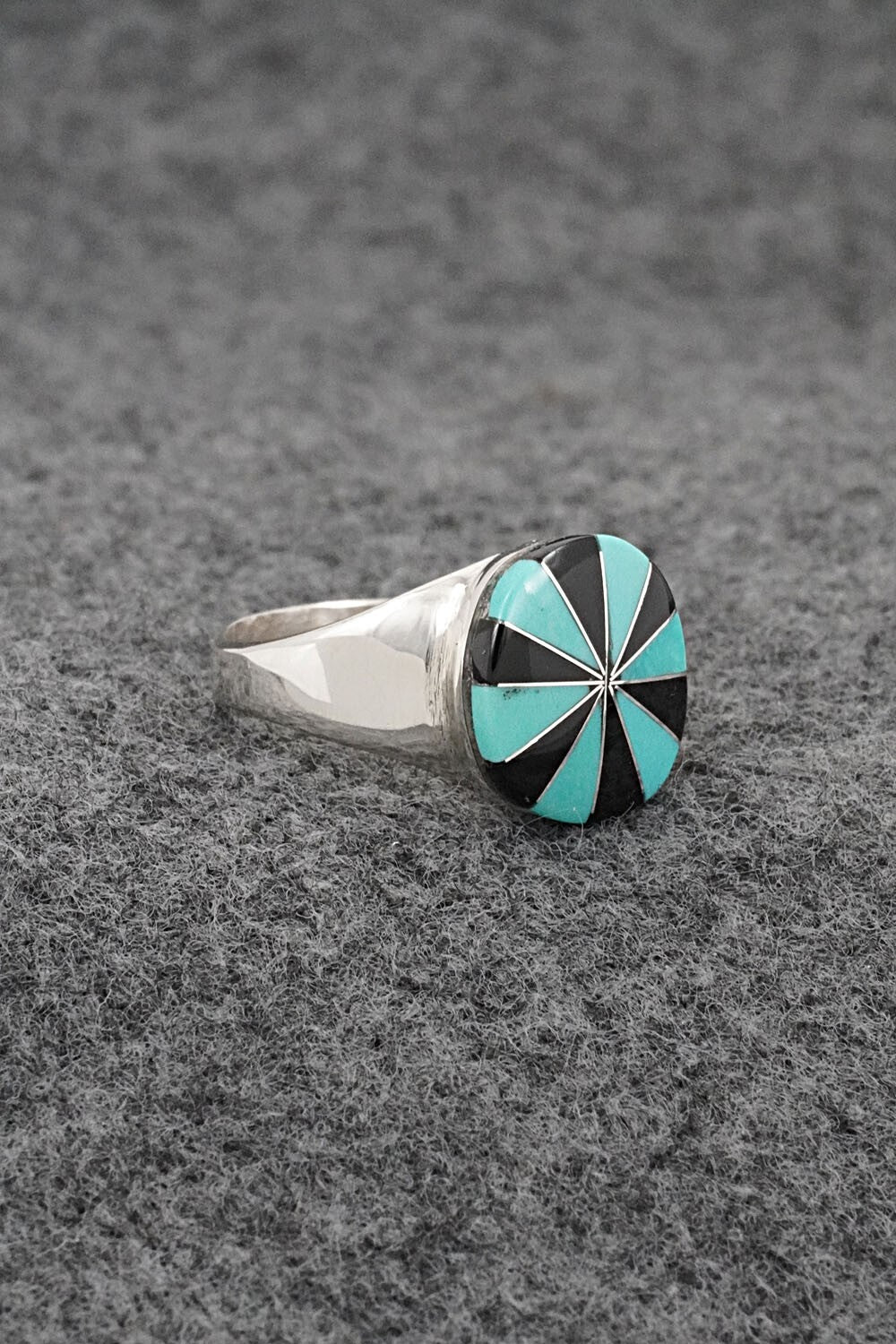 Turquoise, Onyx & Sterling Silver Inlay Ring - Johnson Laweka - Size 6.5
