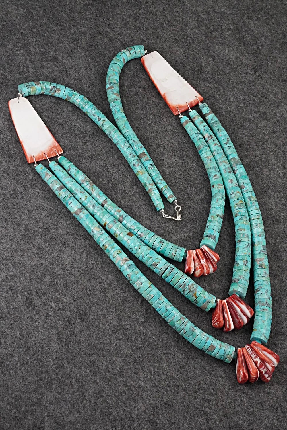 Turquoise, Spiny Oyster and Sterling Silver Necklace - Lupe Lovato