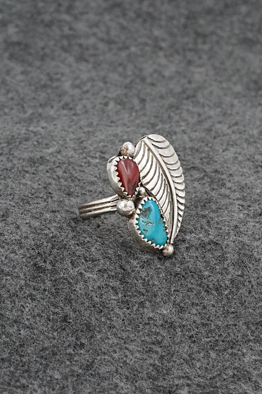 Turquoise, Coral & Sterling Silver Ring - Priscilla Reeder - Size 8
