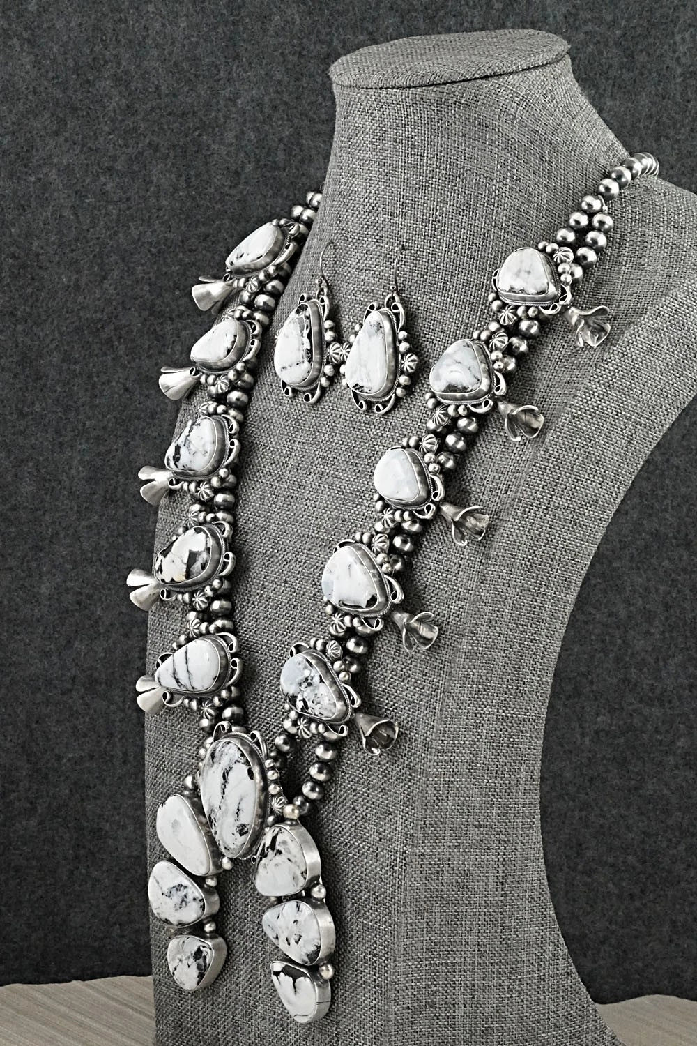 White Buffalo & Sterling Silver Squash Blossom Set - Paul Livingston