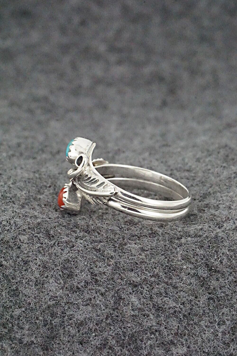 Turquoise, Coral & Sterling Silver Ring - Harry B. Yazzie - Size 7.5