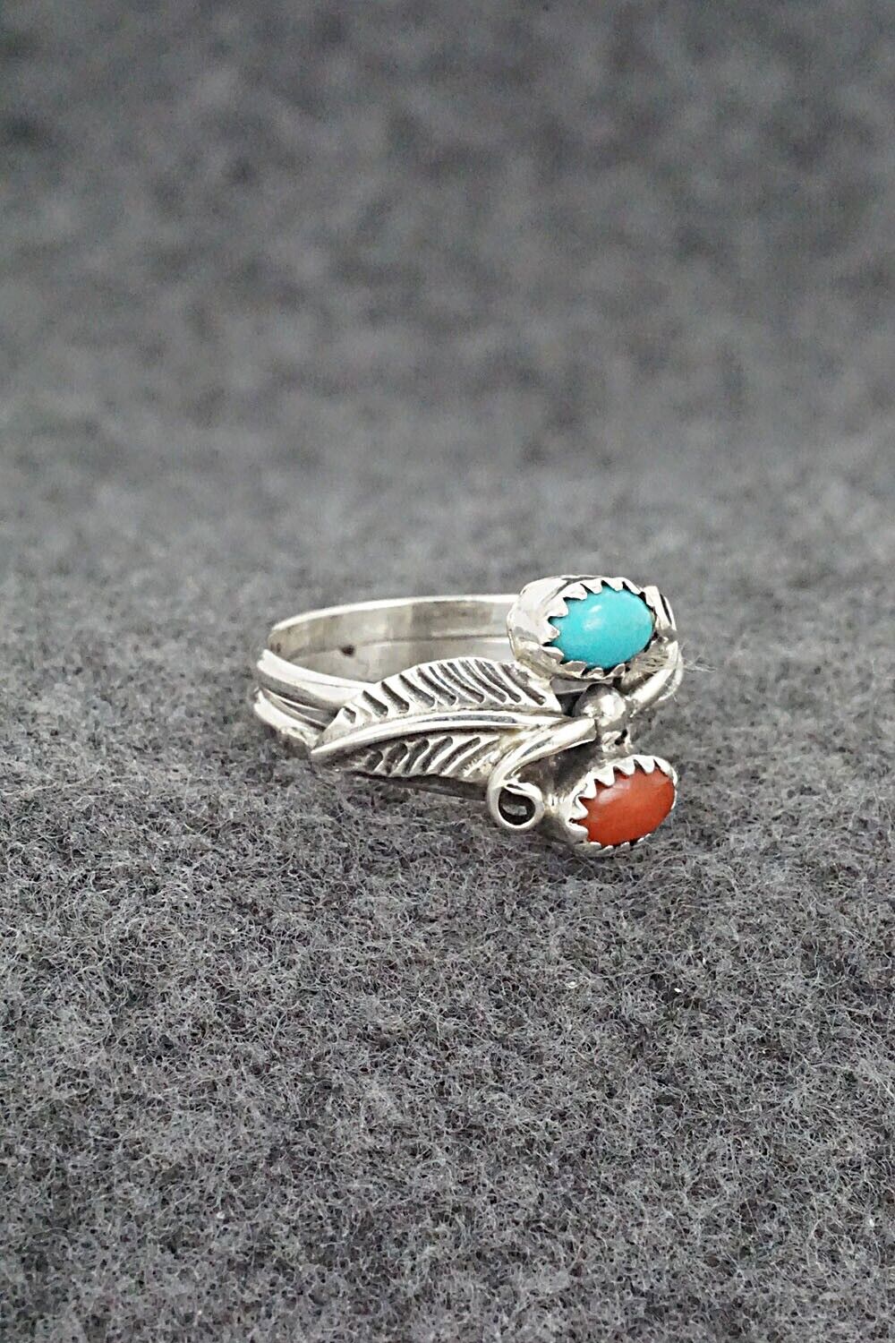 Turquoise, Coral & Sterling Silver Ring - Harry B. Yazzie - Size 6.75