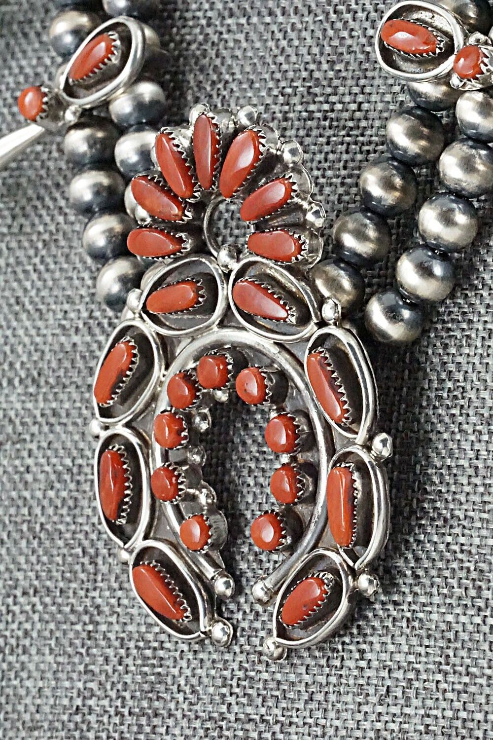 Coral & Sterling Silver Squash Blossom and Earrings Set - Vie Bobelu