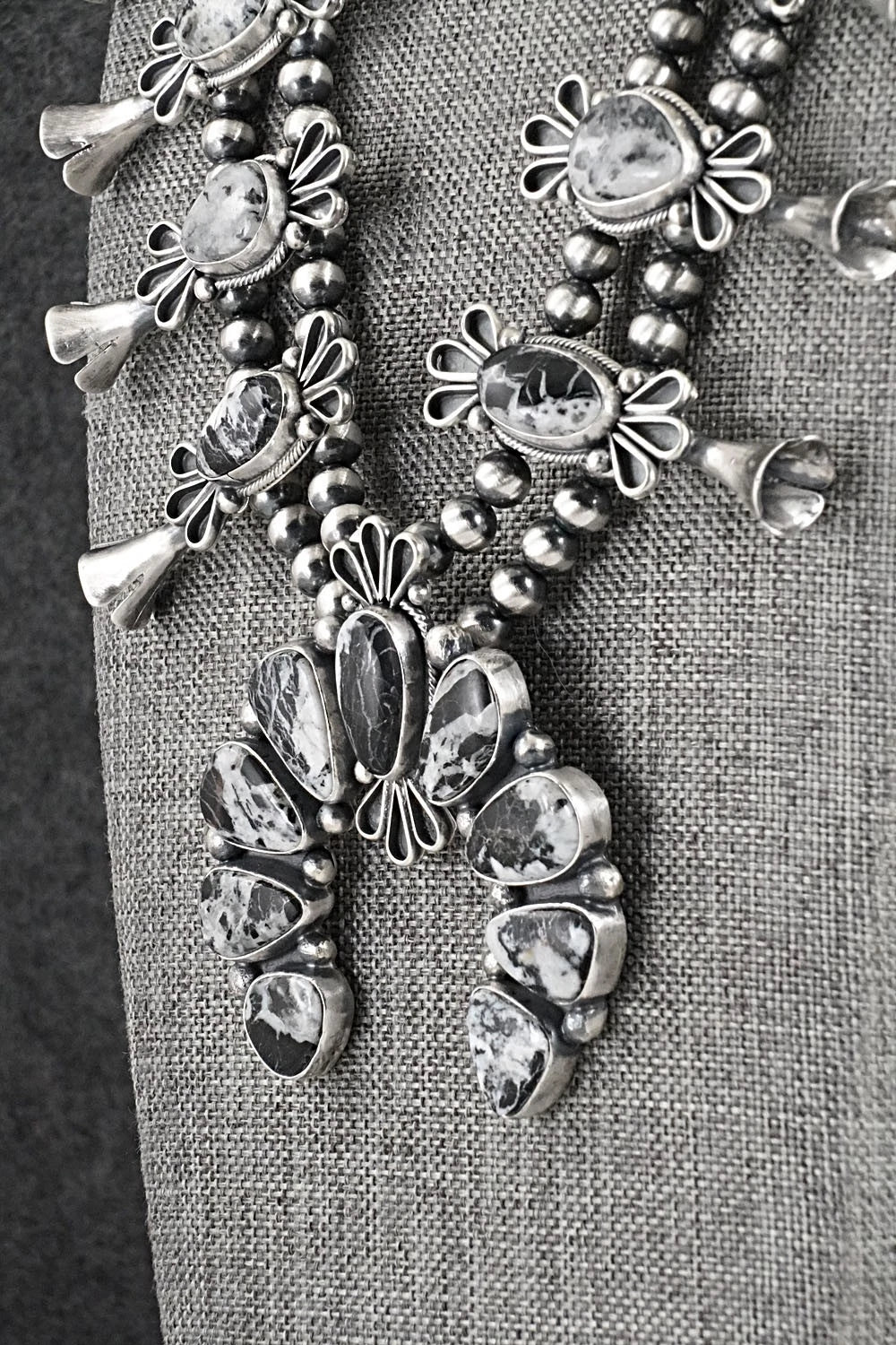 White Buffalo & Sterling Silver Squash Blossom Set - Darrin Livingston