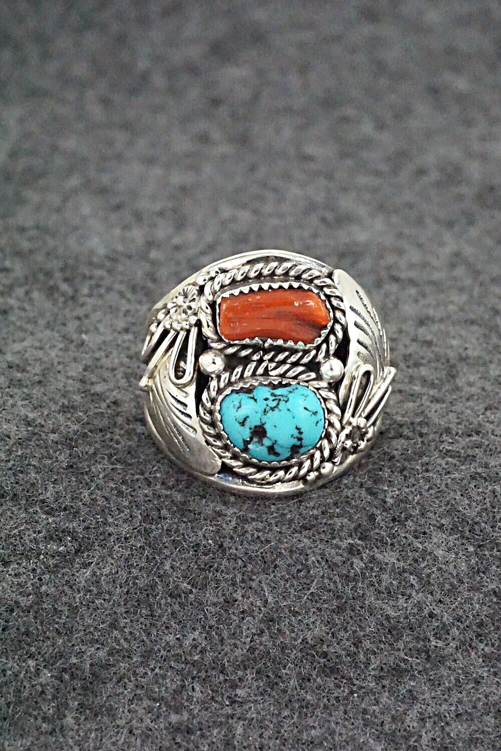 Turquoise, Coral & Sterling Silver Ring - Leonard Spencer - Size 11.75