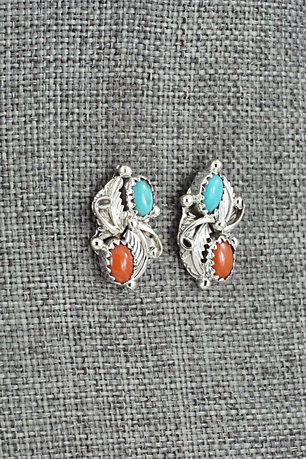 Turquoise, Coral & Sterling Silver Earrings - Robert Martinez