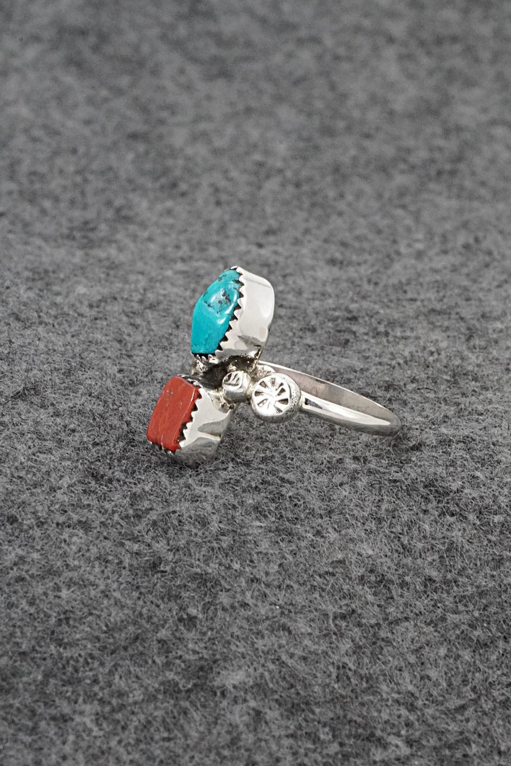 Turquoise, Coral & Sterling Silver Ring - Priscilla Reeder - Size 9