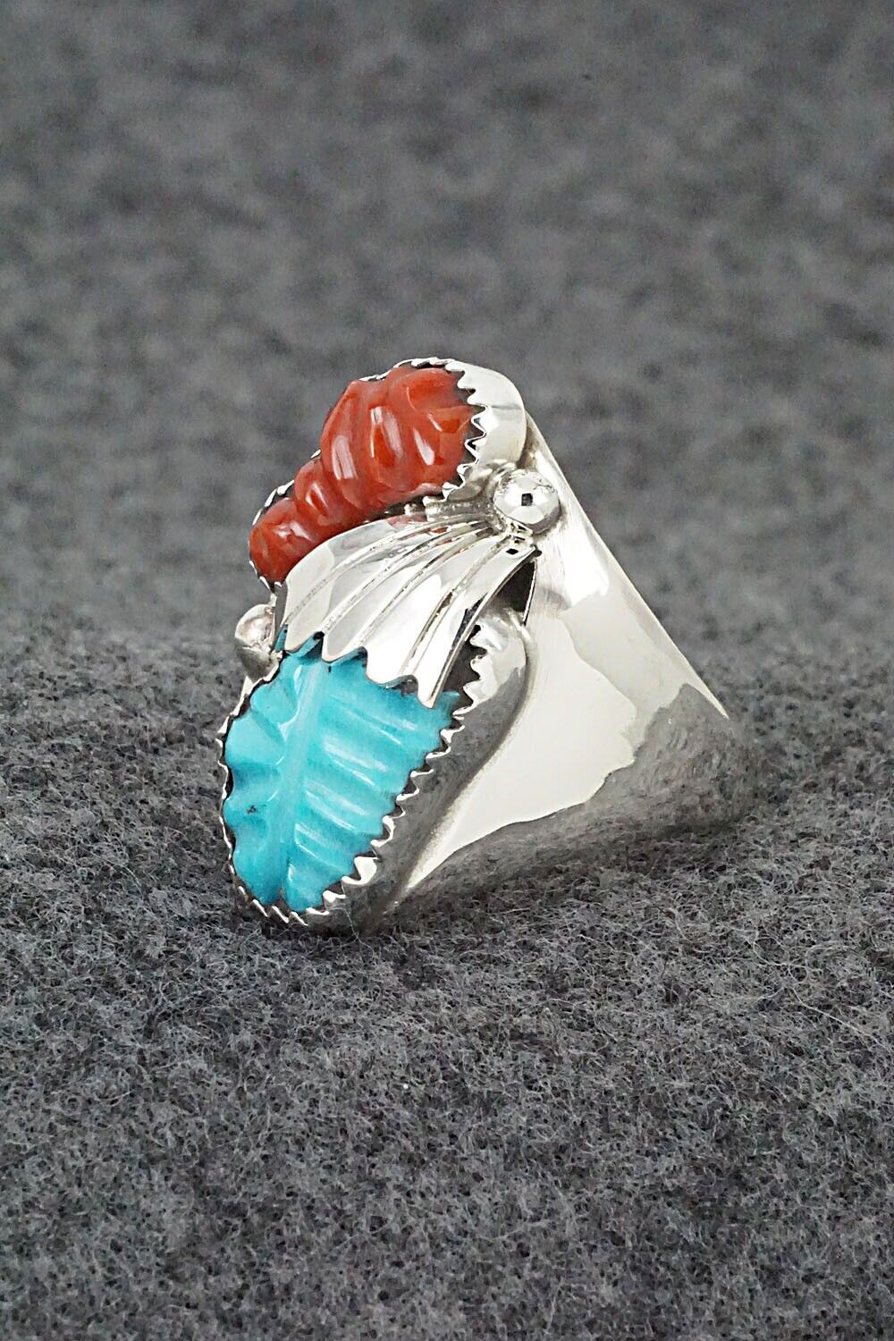 Coral, Turquoise & Sterling Silver Ring - Lyolita Tsattie - Size 9.5