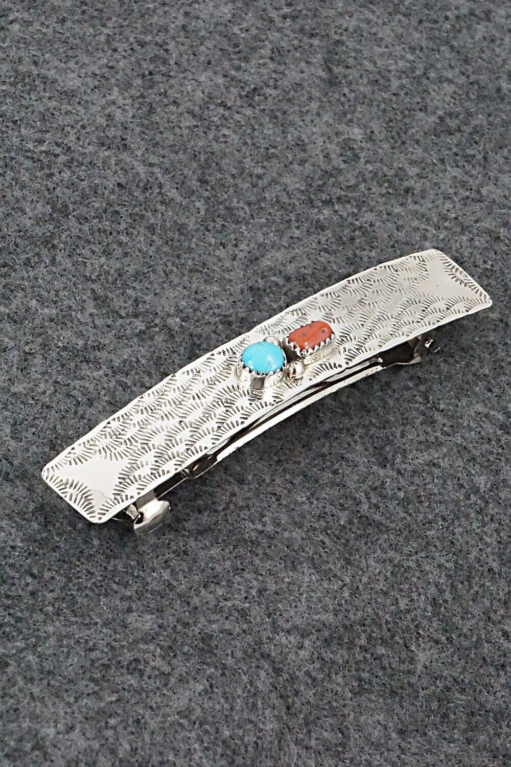Turquoise, Coral & Sterling Silver Hair Barrette - Sally Arviso