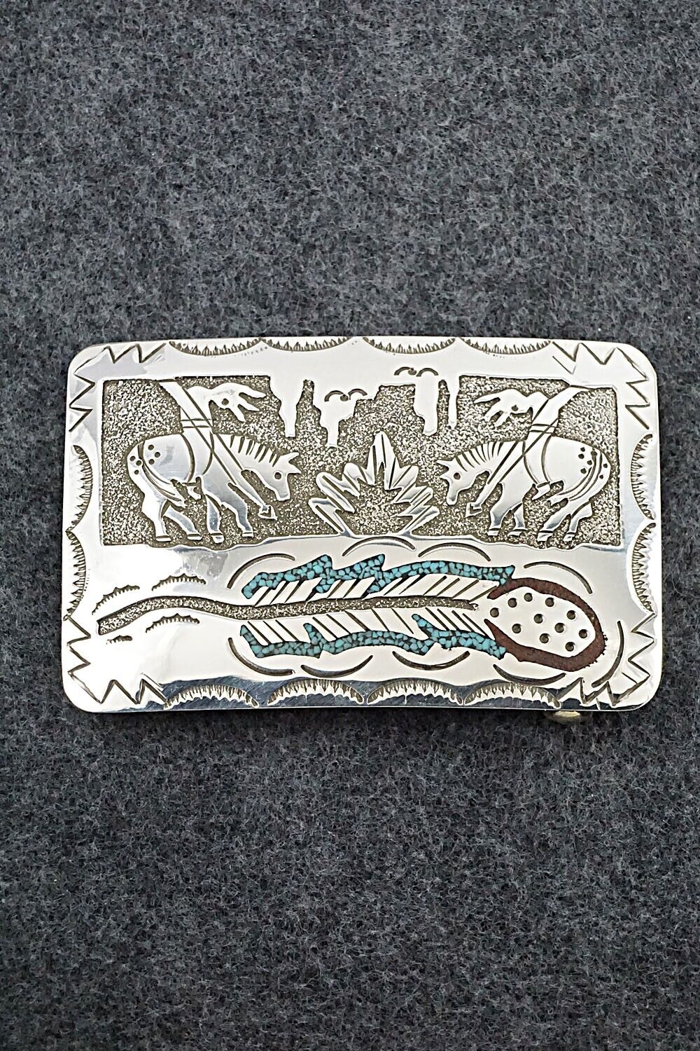 Turquoise, Coral Chip Inlay & Sterling Silver Belt Buckle - Raymond Begay