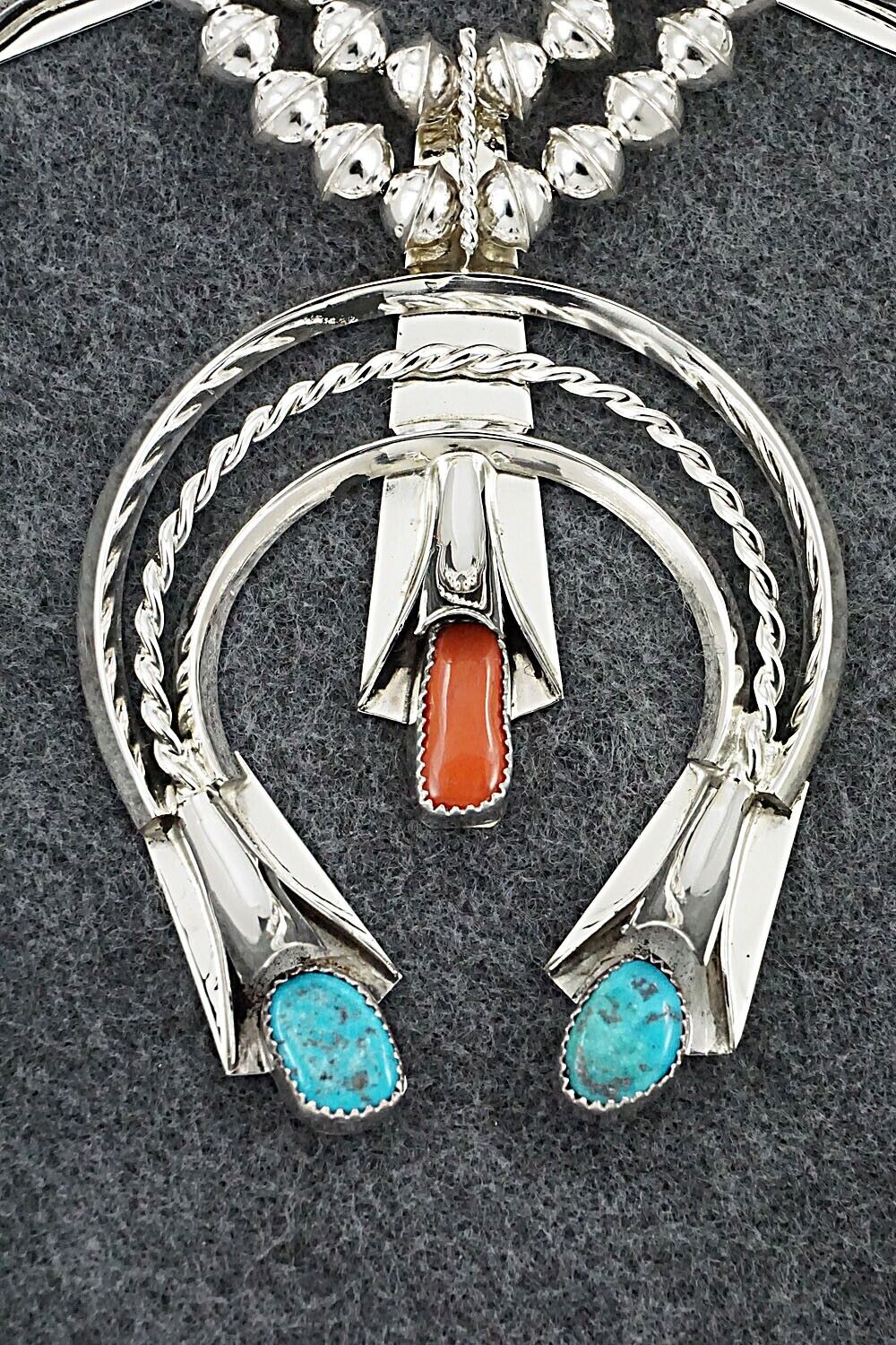 Turquoise, Coral & Sterling Silver Squash Blossom Set - Louise Yazzie