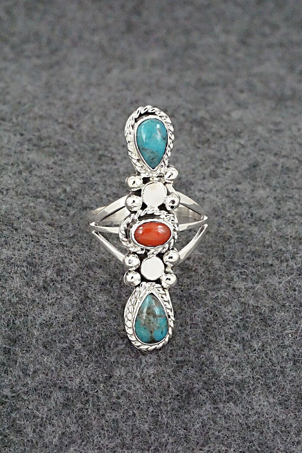 Turquoise, Coral & Sterling Silver Ring - Andrew Vandever - Size 8