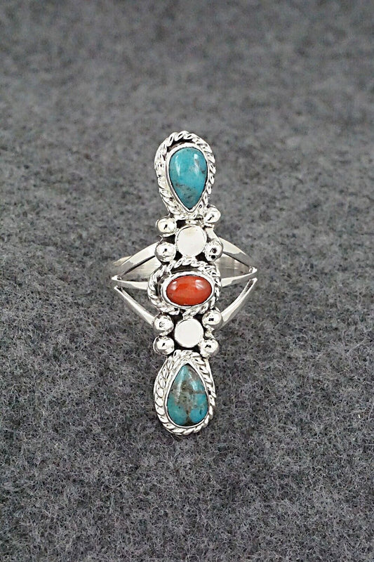 Turquoise, Coral & Sterling Silver Ring - Andrew Vandever - Size 8