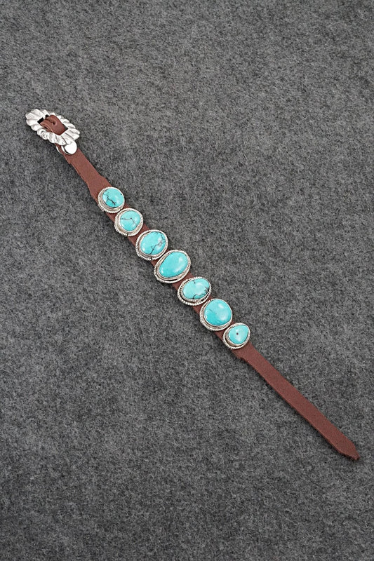 Turquoise, Sterling Silver & Leather Bracelet - Marlene Ramone