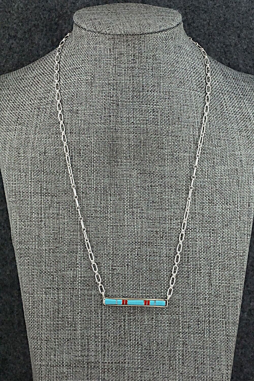Turquoise, Coral & Sterling Silver Inlay Necklace - Roland Natachu